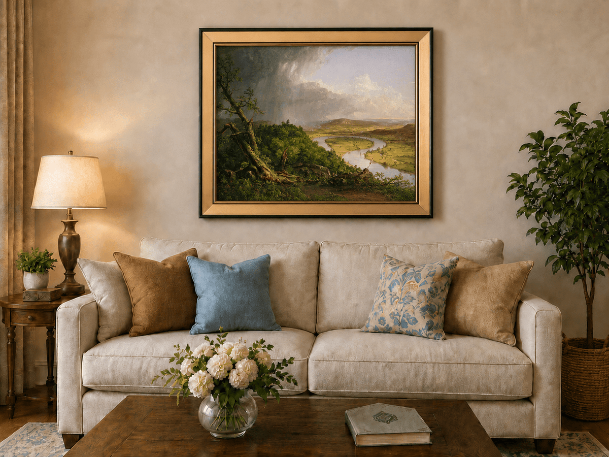Landscape Oil Painting - River Valley Storm Clouds & Figures