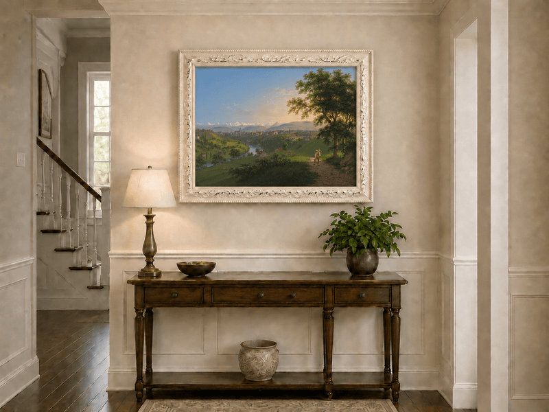 Landscape Oil Painting - River Valley Town and Mountain Panorama