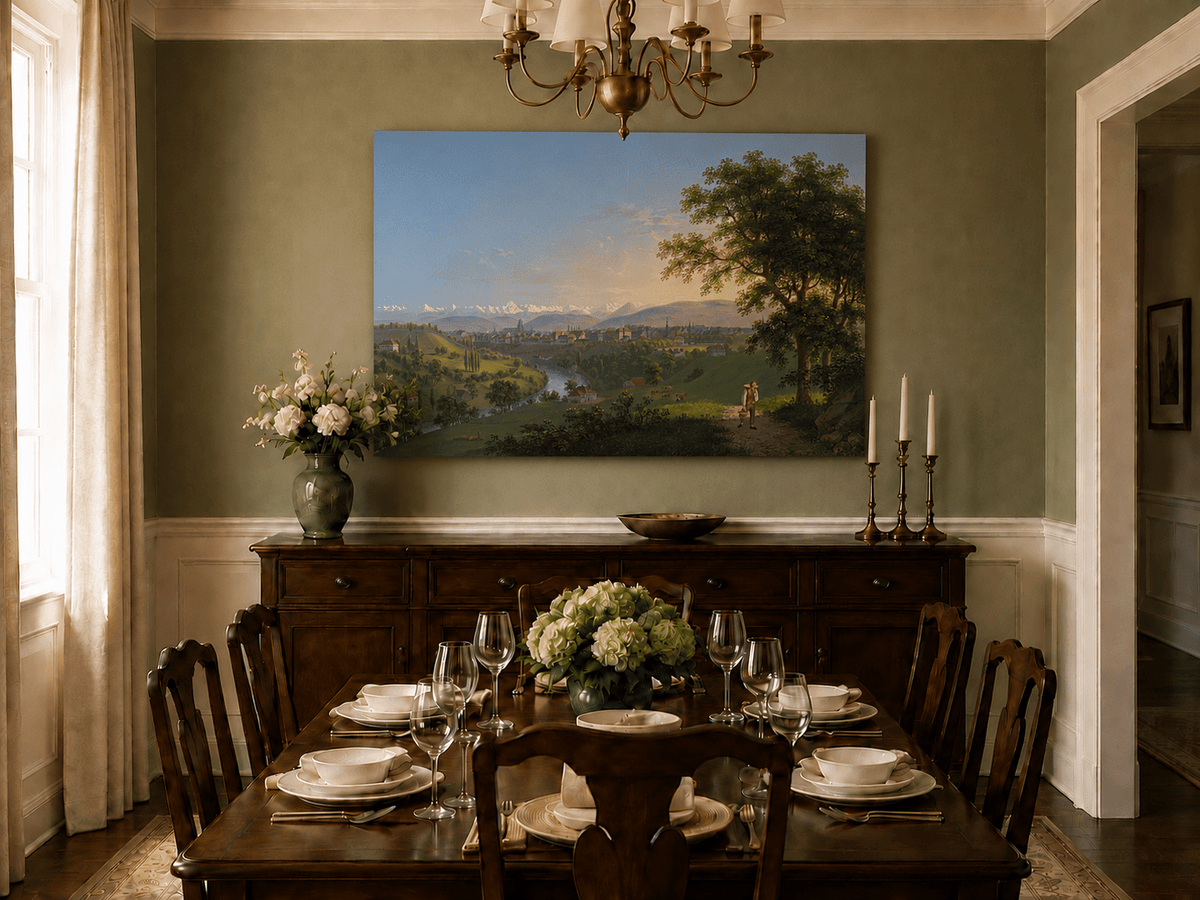 Landscape Oil Painting - River Valley Town and Mountain Panorama