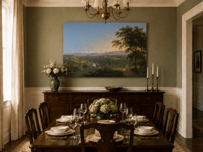 Landscape Oil Painting - River Valley Town and Mountain Panorama