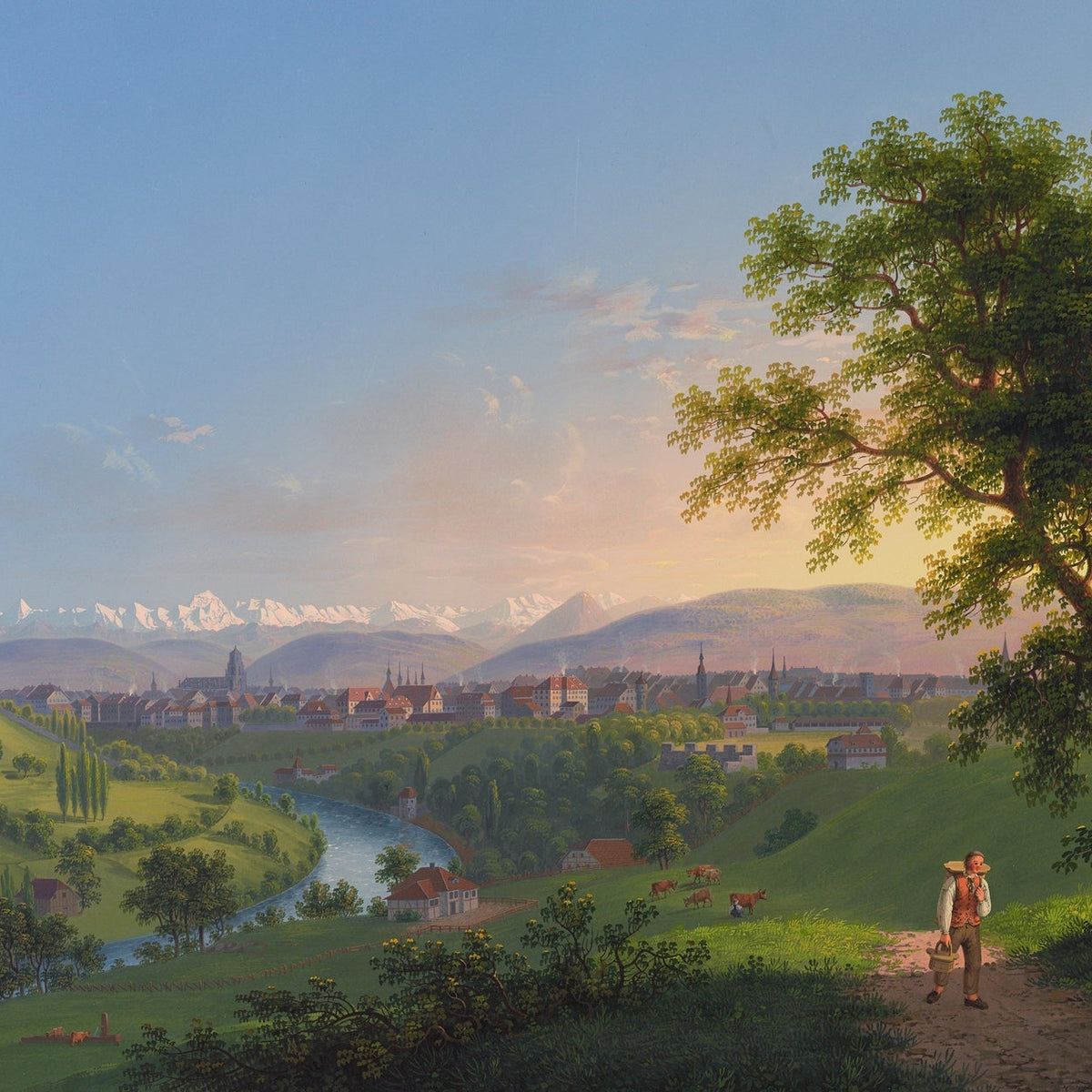Landscape Oil Painting - River Valley Town and Mountain Panorama - Oil Painting Haven