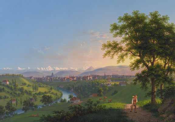 Landscape Oil Painting - River Valley Town and Mountain Panorama - Oil Painting Haven