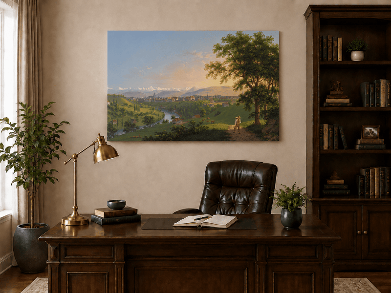 Landscape Oil Painting - River Valley Town and Mountain Panorama