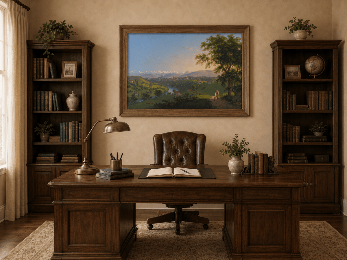 Landscape Oil Painting - River Valley Town and Mountain Panorama
