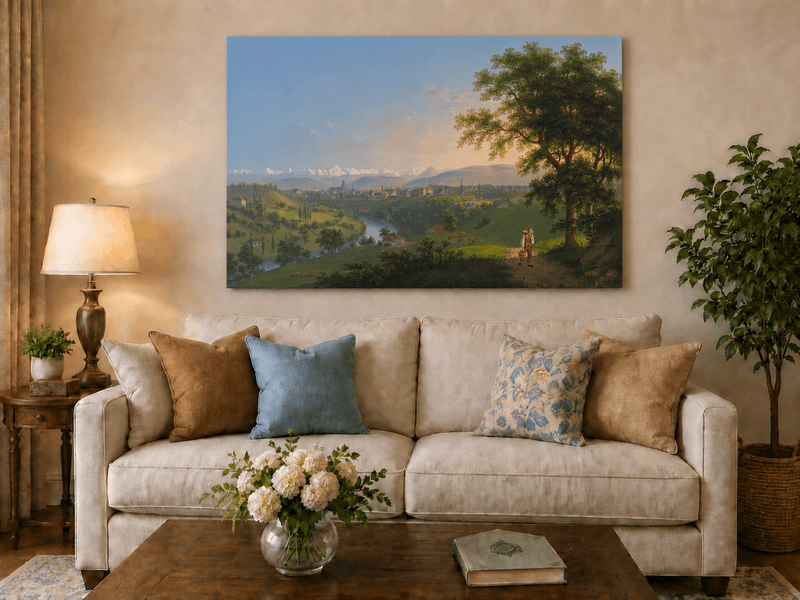 Landscape Oil Painting - River Valley Town and Mountain Panorama