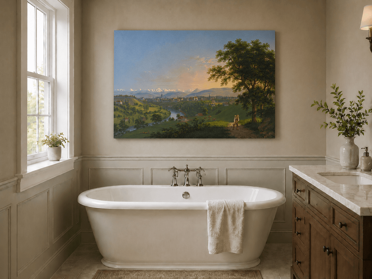 Landscape Oil Painting - River Valley Town and Mountain Panorama