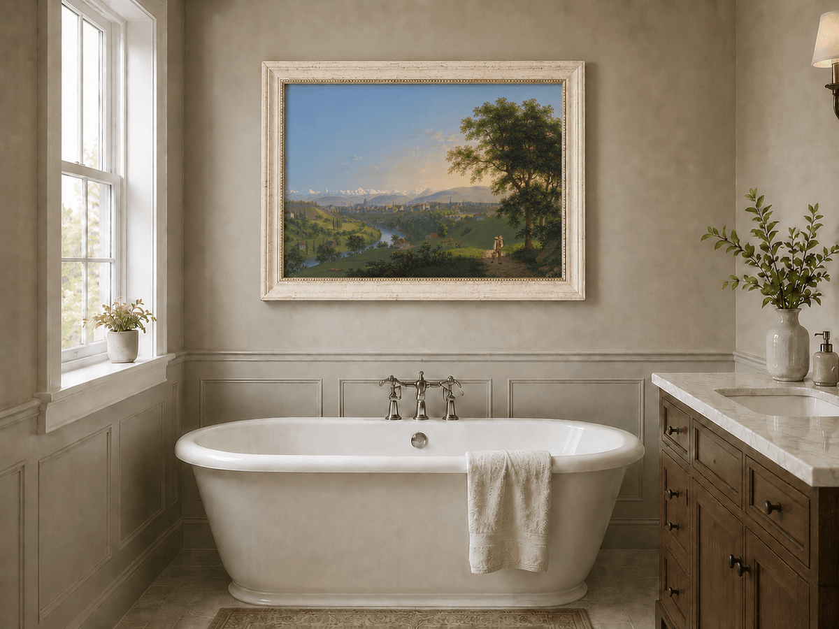 Landscape Oil Painting - River Valley Town and Mountain Panorama