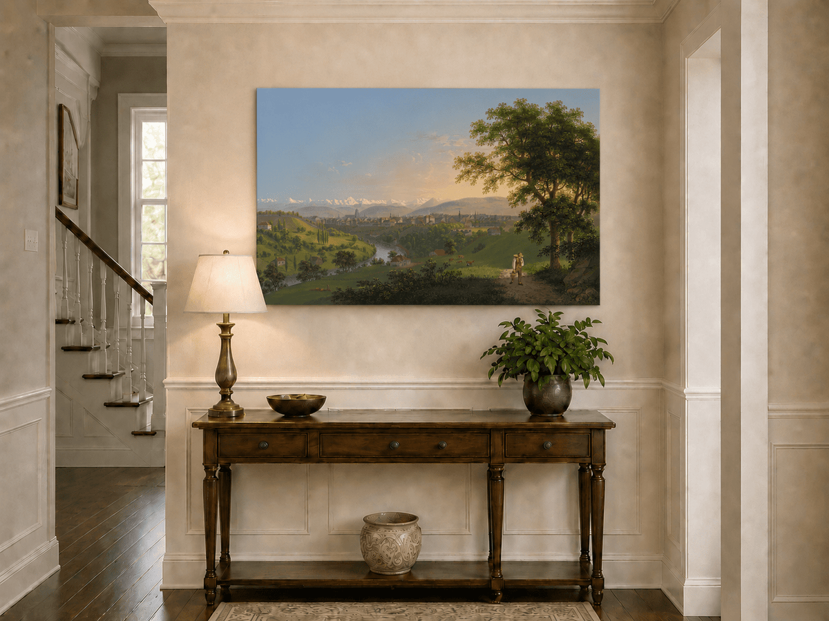 Landscape Oil Painting - River Valley Town and Mountain Panorama