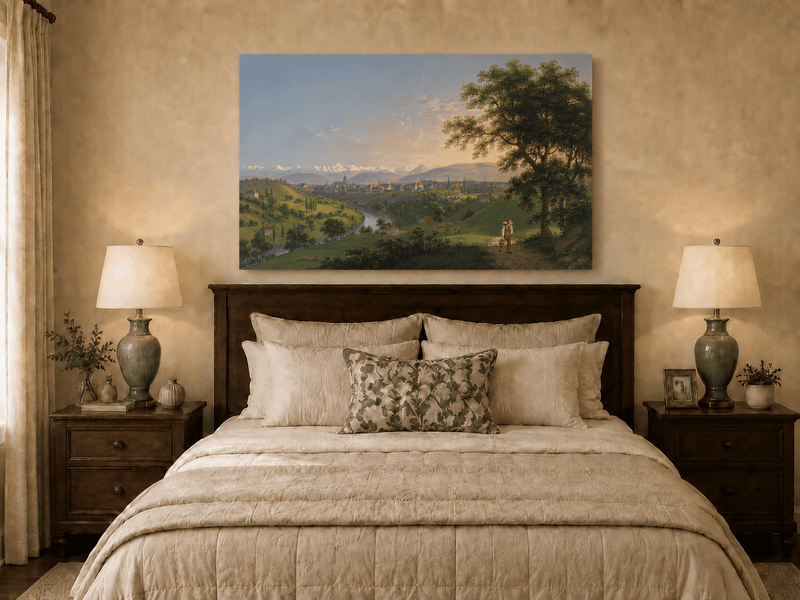 Landscape Oil Painting - River Valley Town and Mountain Panorama