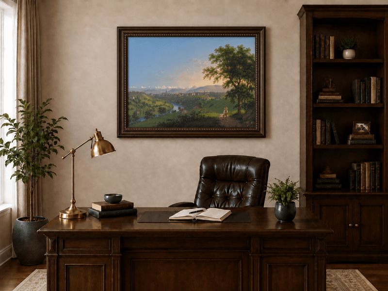 Landscape Oil Painting - River Valley Town and Mountain Panorama