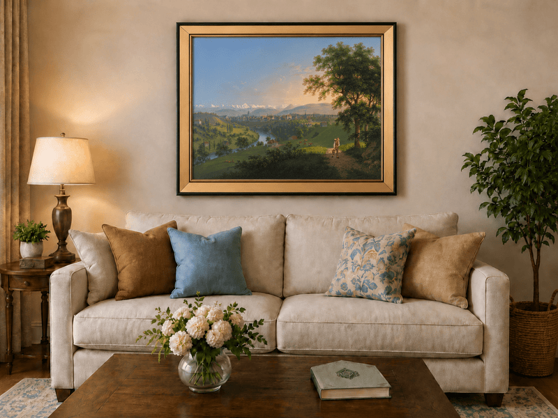 Landscape Oil Painting - River Valley Town and Mountain Panorama