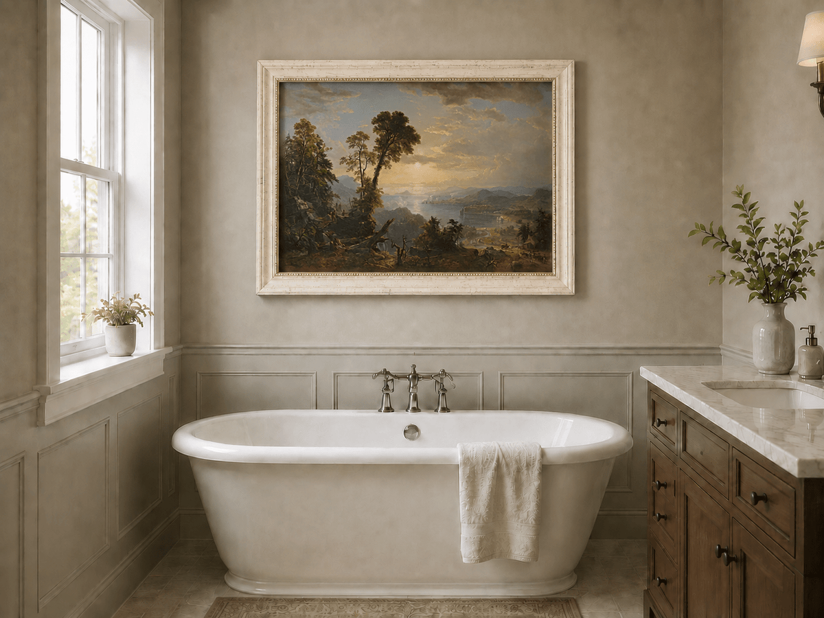 Landscape Oil Painting - River Valley Vista with Human Endeavors