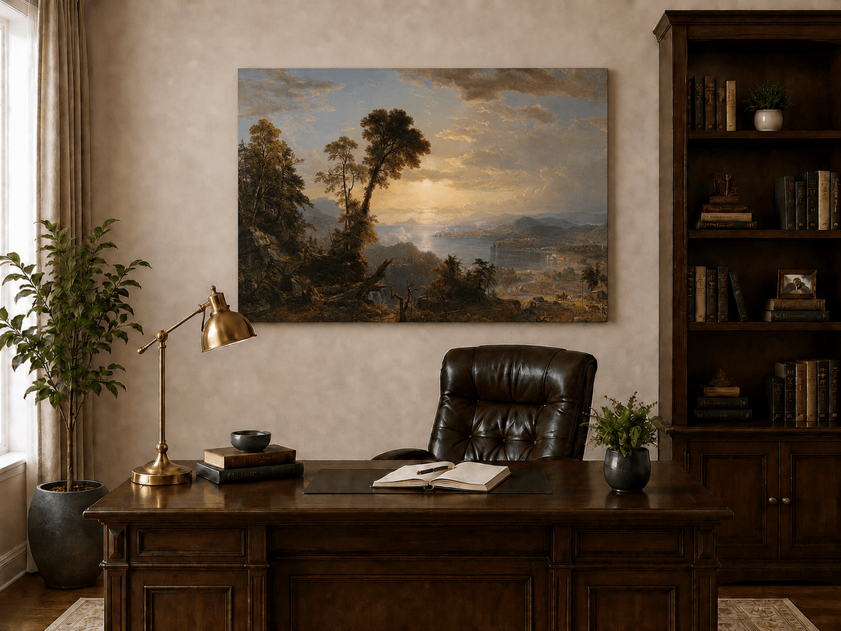 Landscape Oil Painting - River Valley Vista with Human Endeavors