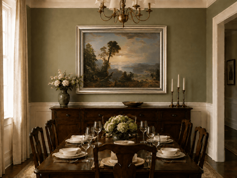 Landscape Oil Painting - River Valley Vista with Human Endeavors