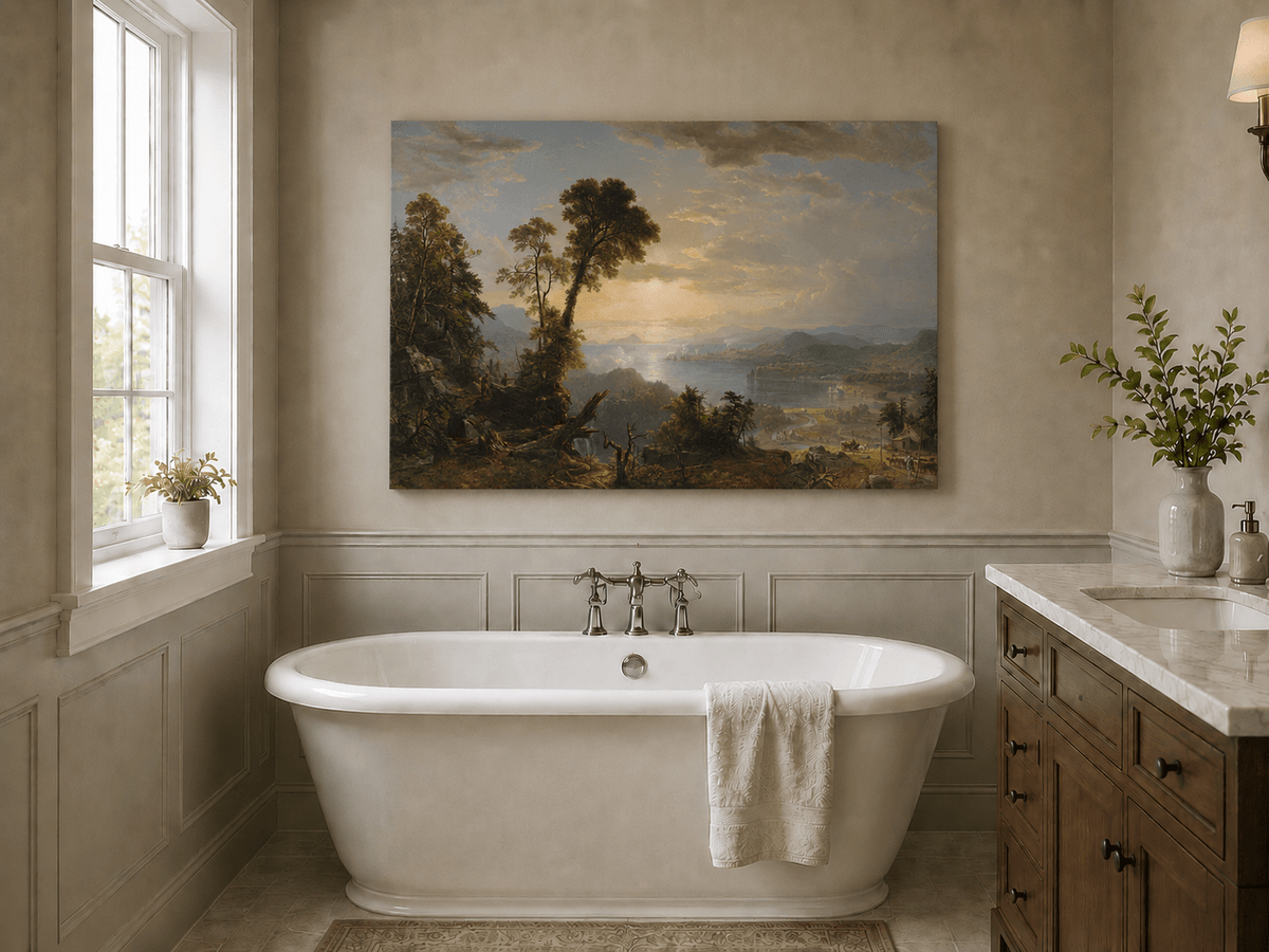 Landscape Oil Painting - River Valley Vista with Human Endeavors