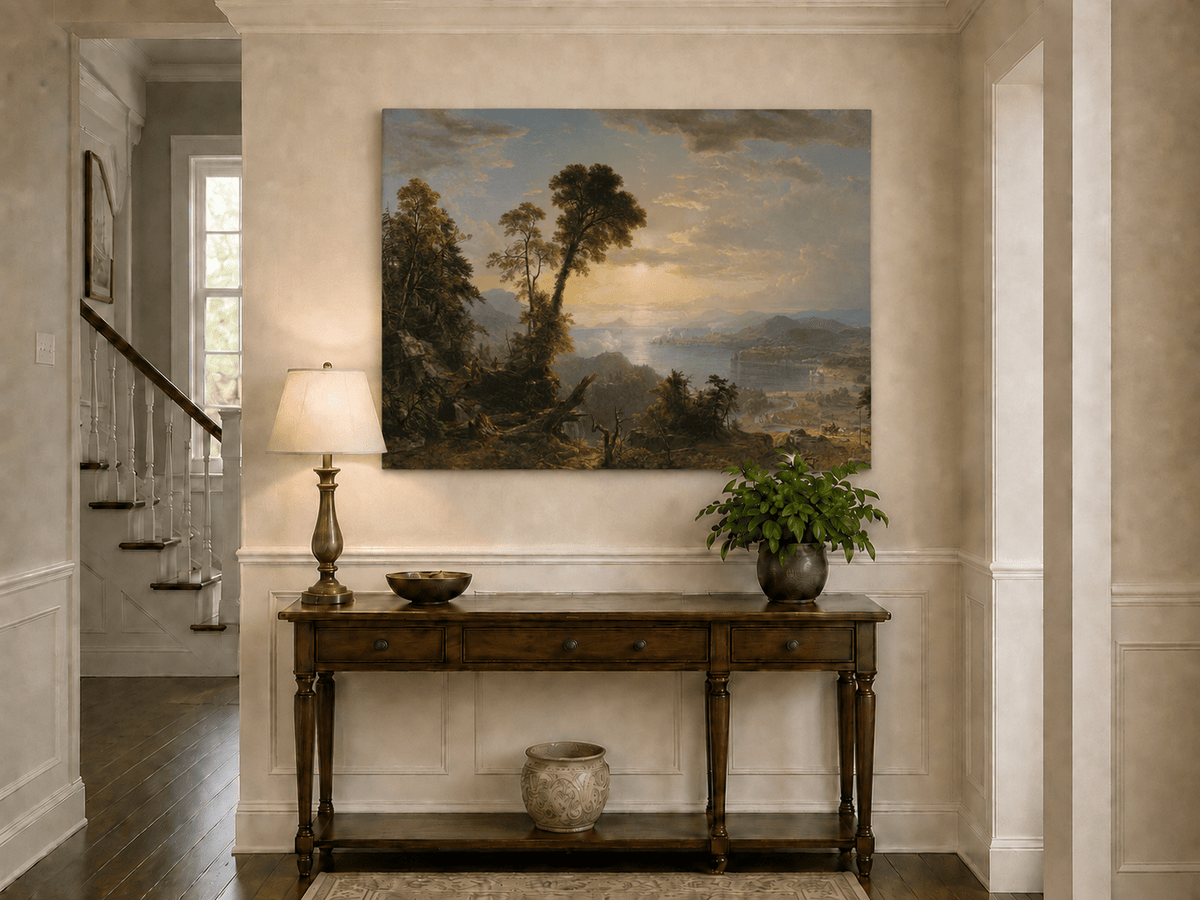 Landscape Oil Painting - River Valley Vista with Human Endeavors