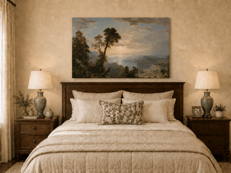 Landscape Oil Painting - River Valley Vista with Human Endeavors