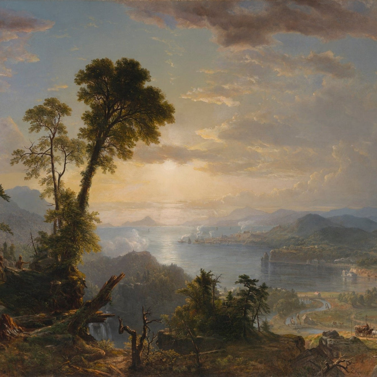 Landscape Oil Painting - River Valley Vista with Human Endeavors - Oil Painting Haven