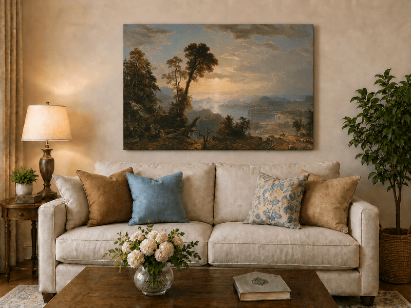 Landscape Oil Painting - River Valley Vista with Human Endeavors