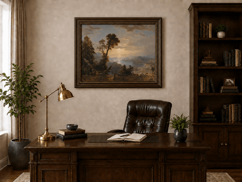 Landscape Oil Painting - River Valley Vista with Human Endeavors