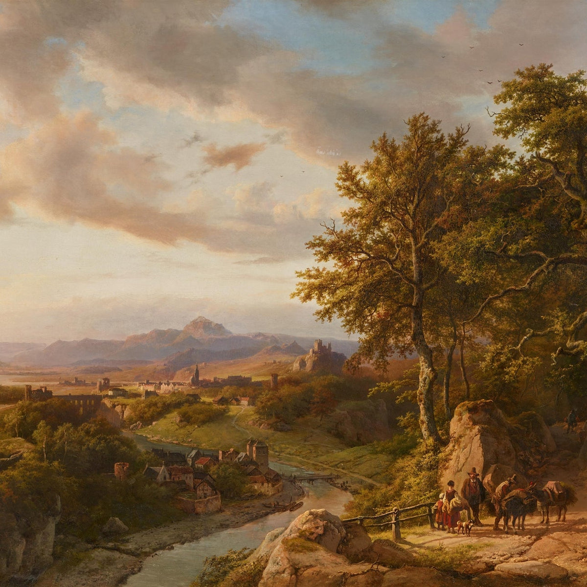 Landscape Oil Painting - River Valley with Castle and Travelers - Oil Painting Haven