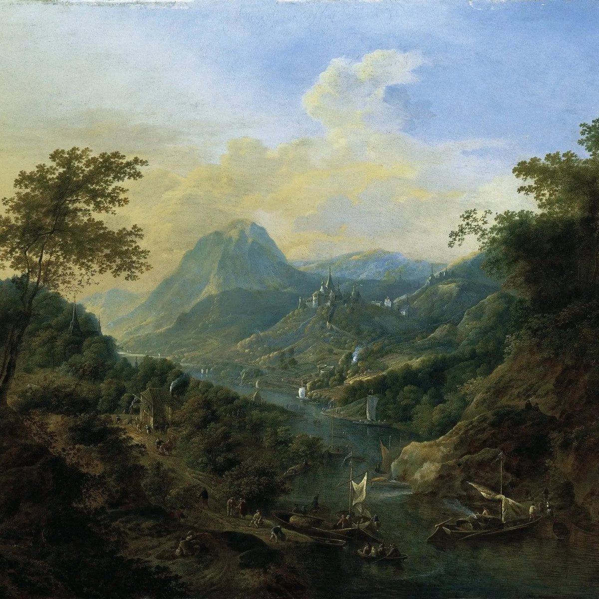 Landscape Oil Painting - River Valley with Castle & Boats - Oil Painting Haven