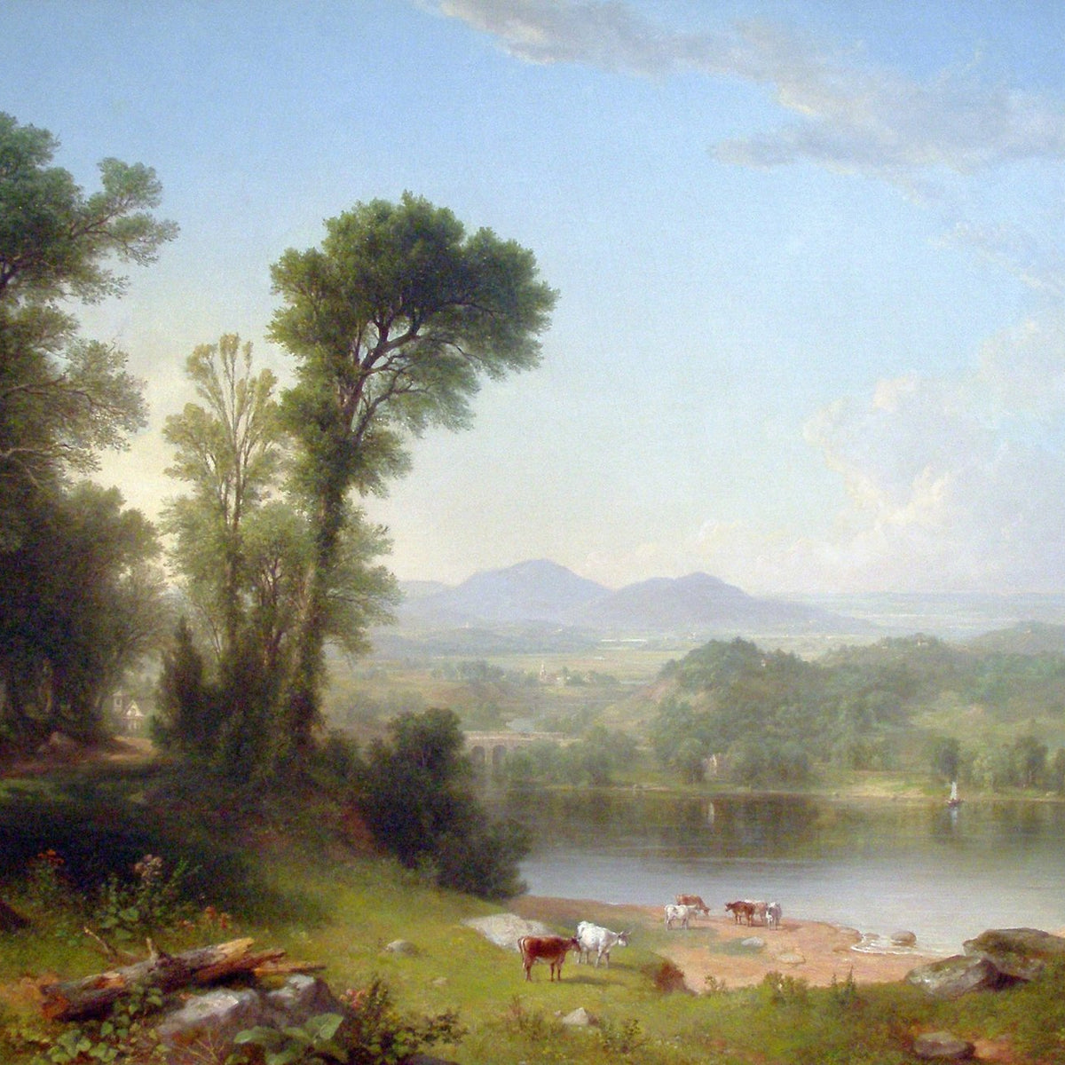 Landscape Oil Painting - River Valley with Cattle and Trees - Oil Painting Haven