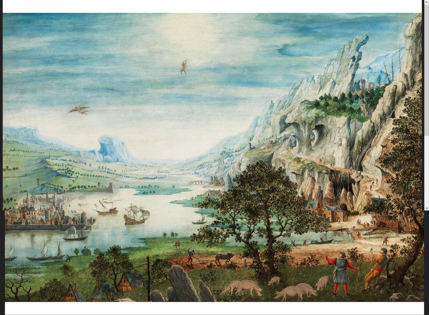 Hand-painted river valley with cliffs and ships landscape oil painting on canvas