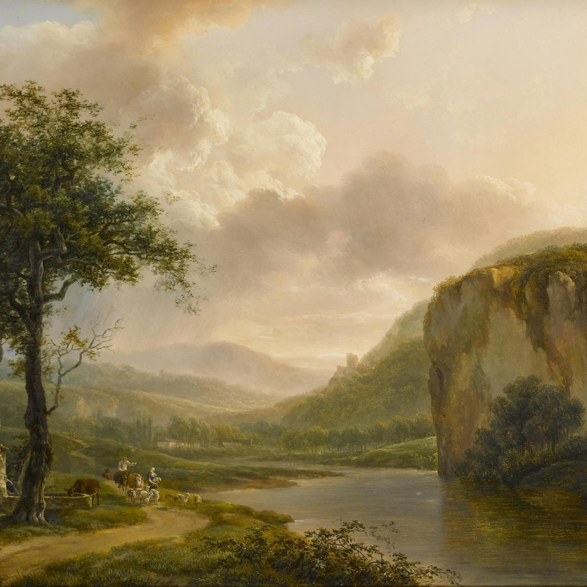 Landscape Oil Painting - River Valley with Cliffs at Sunset - Oil Painting Haven