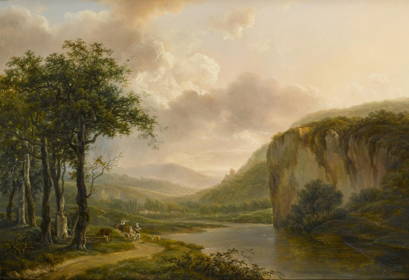 Landscape Oil Painting - River Valley with Cliffs at Sunset - Oil Painting Haven