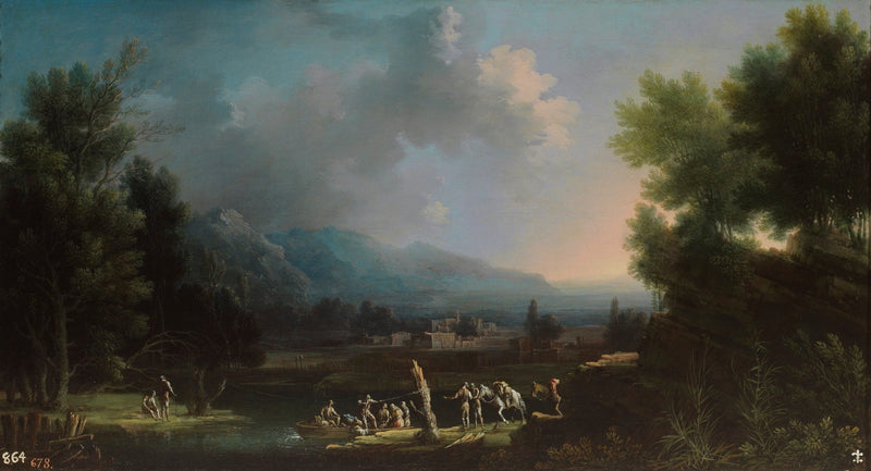 Hand-painted river valley with figures and distant hills landscape oil painting on canvas
