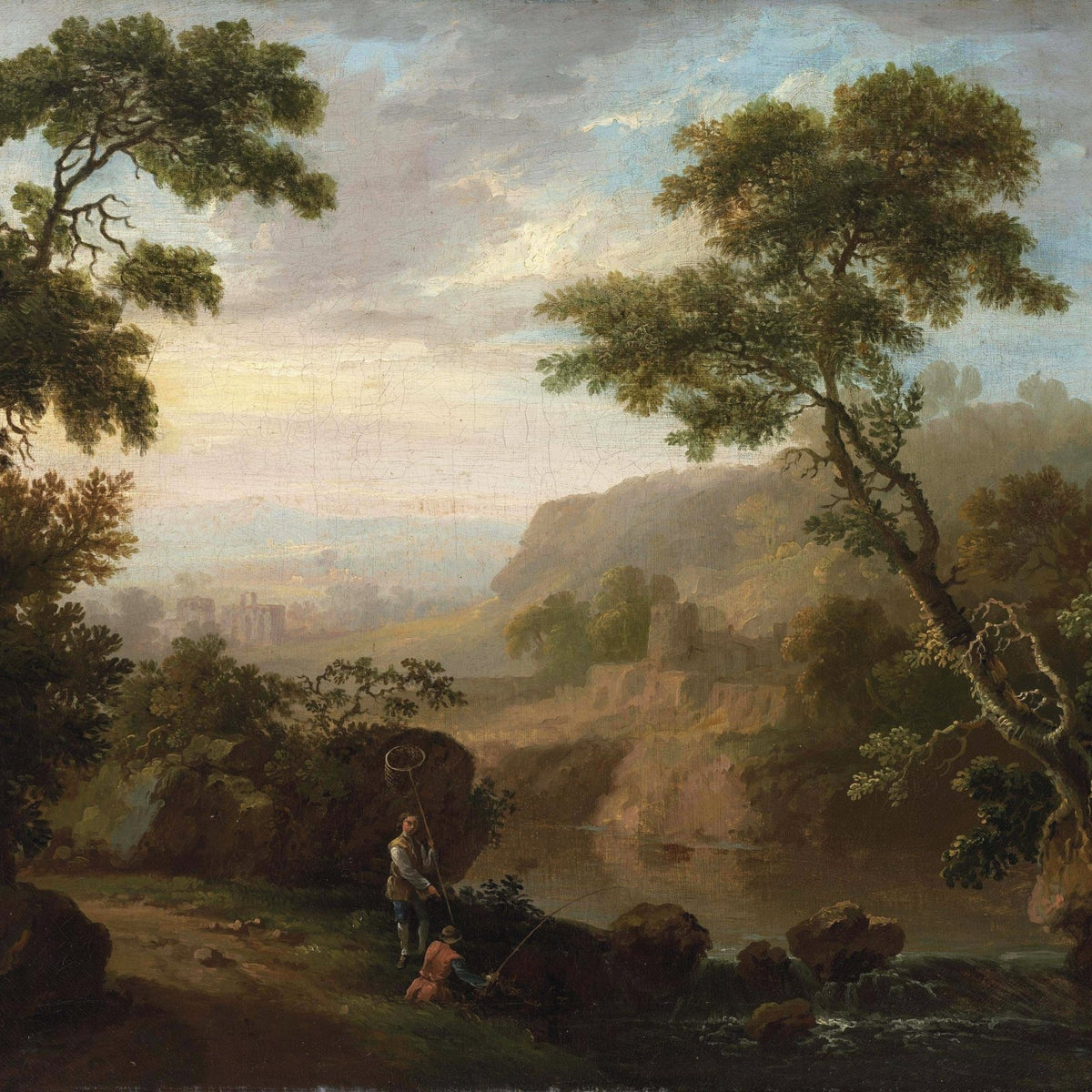 Landscape Oil Painting - River Valley with Fisherman and Ruins - Oil Painting Haven
