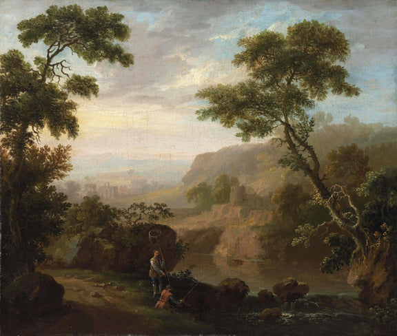 Landscape Oil Painting - River Valley with Fisherman and Ruins - Oil Painting Haven