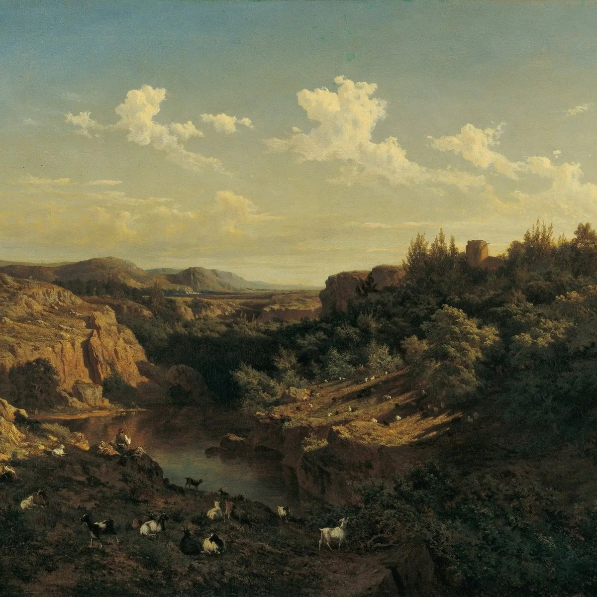 Landscape Oil Painting - River Valley with Goats and Rocky Terrain - Oil Painting Haven