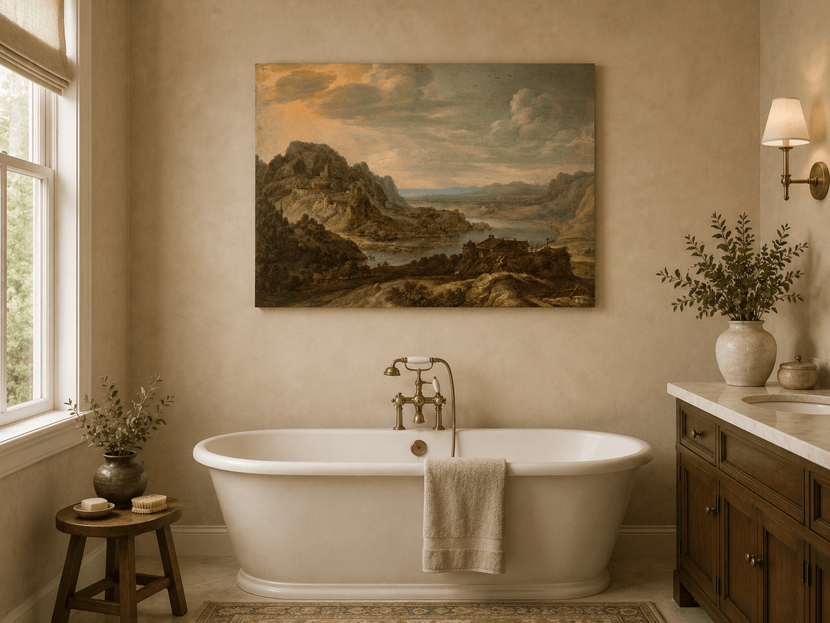Landscape Oil Painting - River Valley with Hilltop Castle View