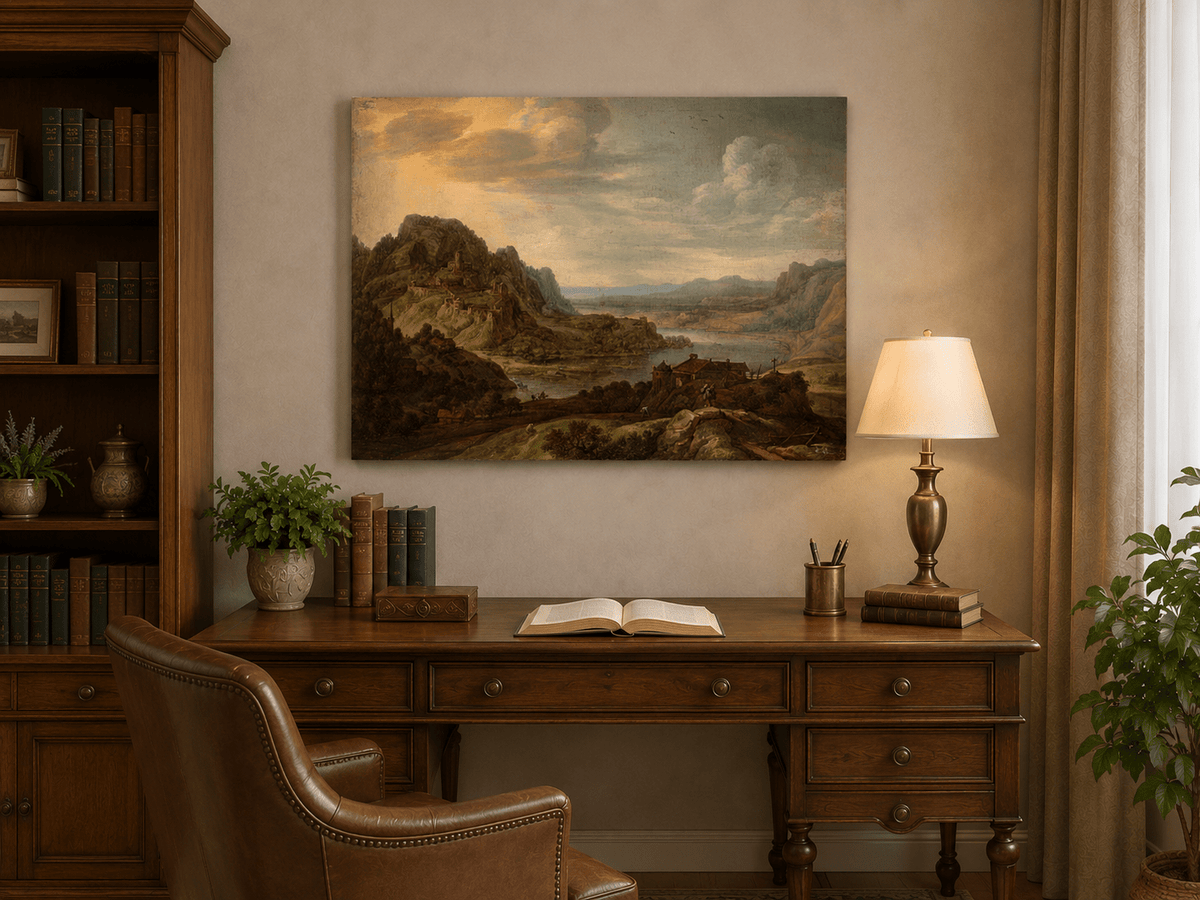 Landscape Oil Painting - River Valley with Hilltop Castle View