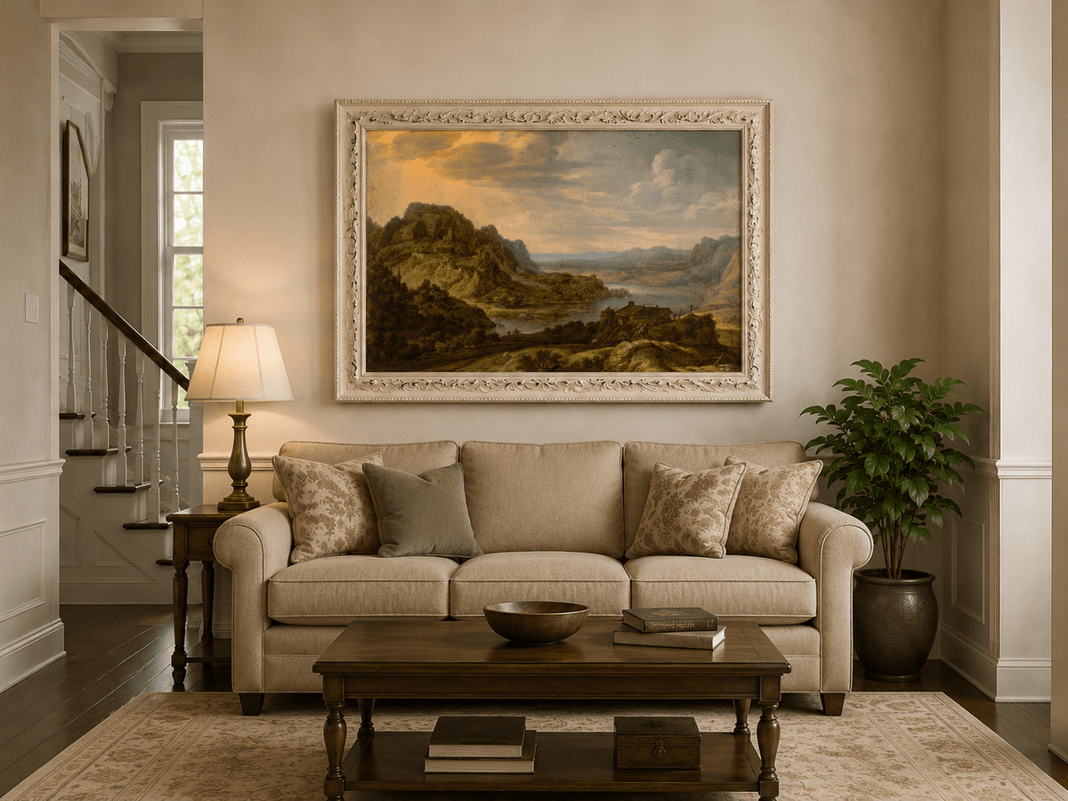 Landscape Oil Painting - River Valley with Hilltop Castle View