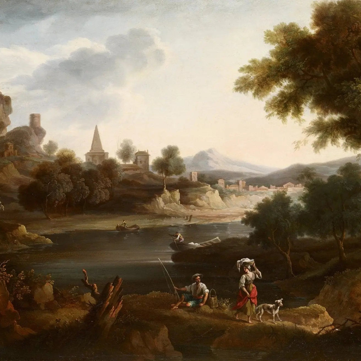 Landscape Oil Painting - River Valley with Historic Structures and Figures - Oil Painting Haven