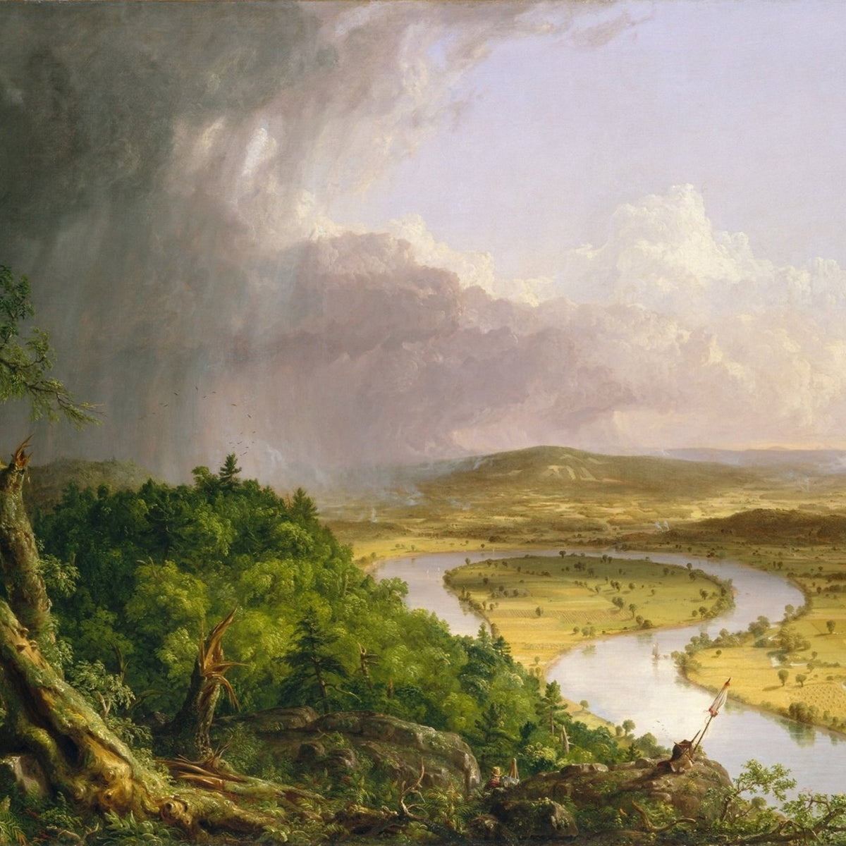 Landscape Oil Painting - River Valley with Storm Clouds and Figures - Oil Painting Haven