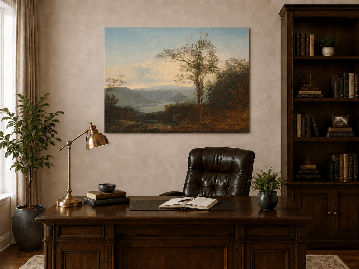 Landscape Oil Painting - River Valley with Tall Tree and Hills