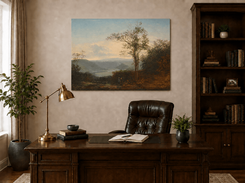 Landscape Oil Painting - River Valley with Tall Tree and Hills