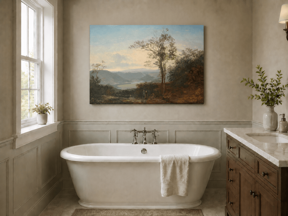 Landscape Oil Painting - River Valley with Tall Tree and Hills