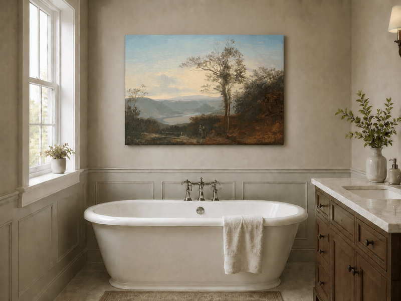 Landscape Oil Painting - River Valley with Tall Tree and Hills