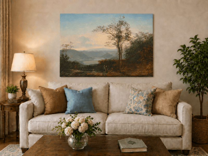 Landscape Oil Painting - River Valley with Tall Tree and Hills