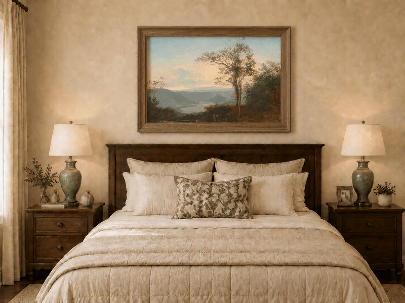 Landscape Oil Painting - River Valley with Tall Tree and Hills