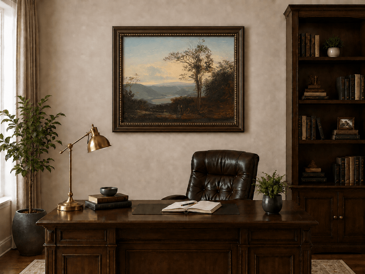 Landscape Oil Painting - River Valley with Tall Tree and Hills