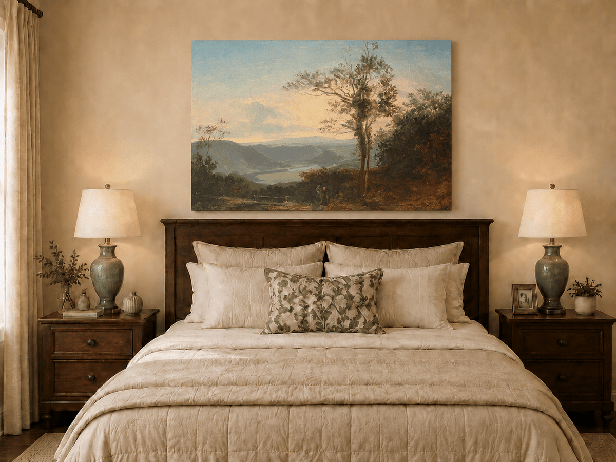 Landscape Oil Painting - River Valley with Tall Tree and Hills