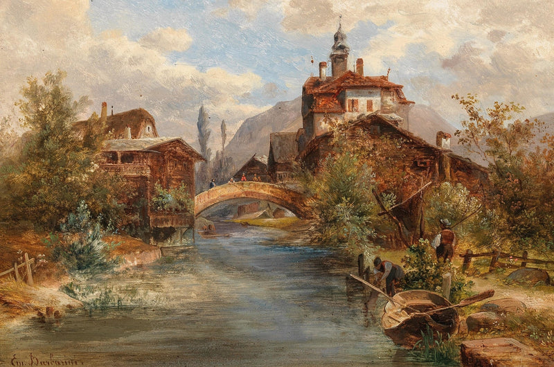 Landscape Oil Painting - River Village, Stone Bridge, Waterside Buildings - Oil Painting Haven