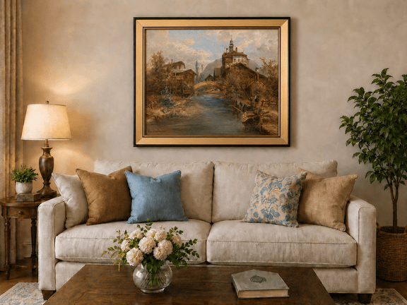River village with stone bridge and waterside buildings landscape oil painting displayed in a styled home interior.