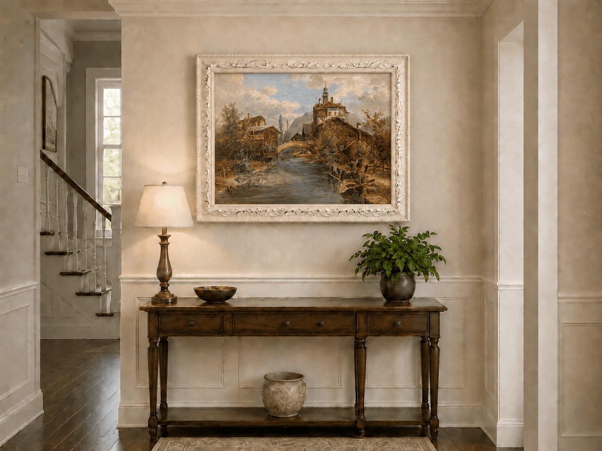 River village, stone bridge and waterside buildings hand-painted oil artwork shown as home wall decor.